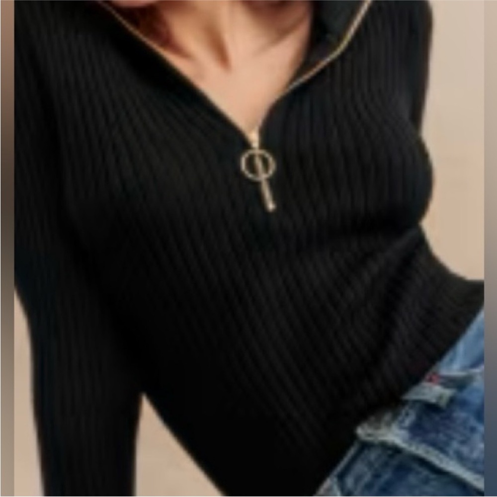 Sezane Black Ribbed Merino/Cotton blend half-zip Sweater